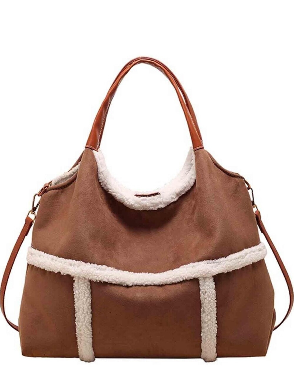 Brown Faux-Suede Shearling Trim Tote Bag